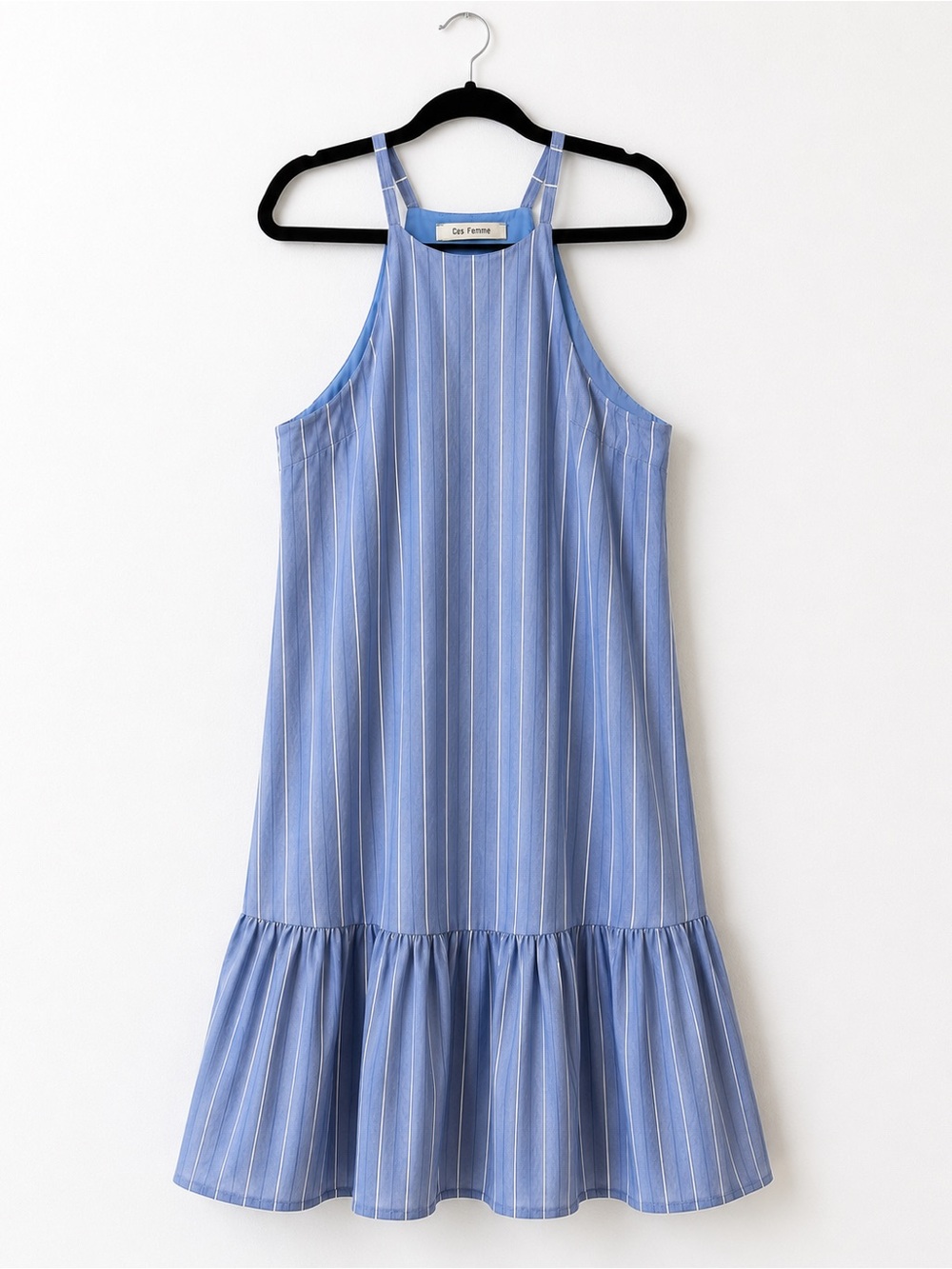 Ces Femme Light Blue Striped Halter Ruffle-Hem Dress